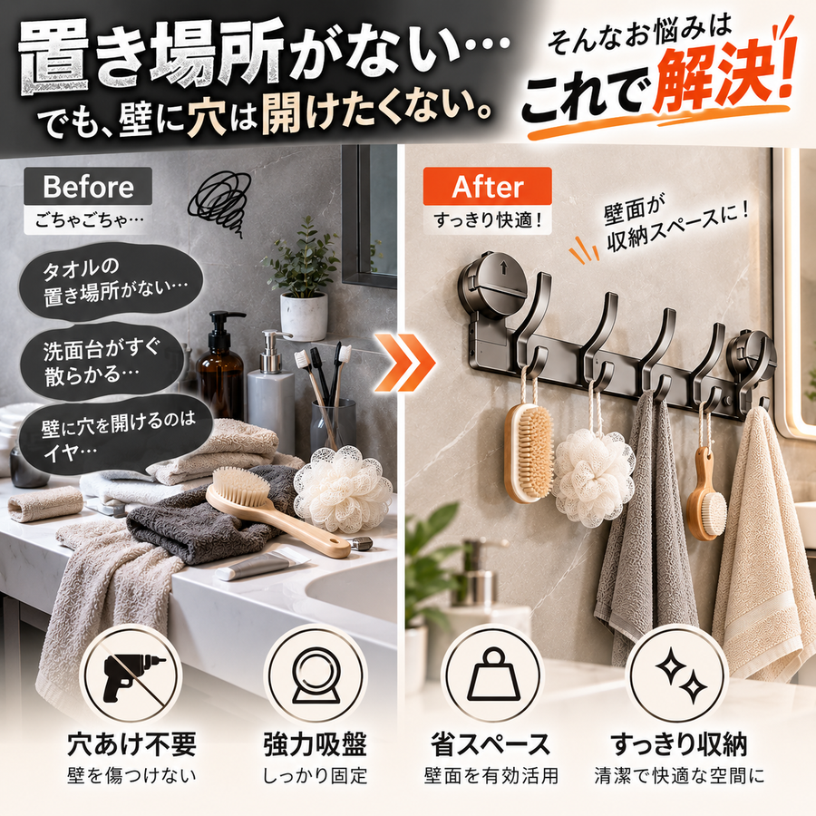 穴あけ不要。吸盤でスマートに設置。