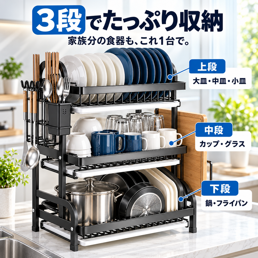 3段収納で、キッチンをすっきり。