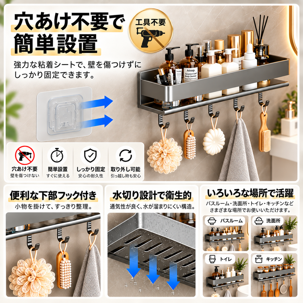 WallRack™｜穴あけ不要バスラック