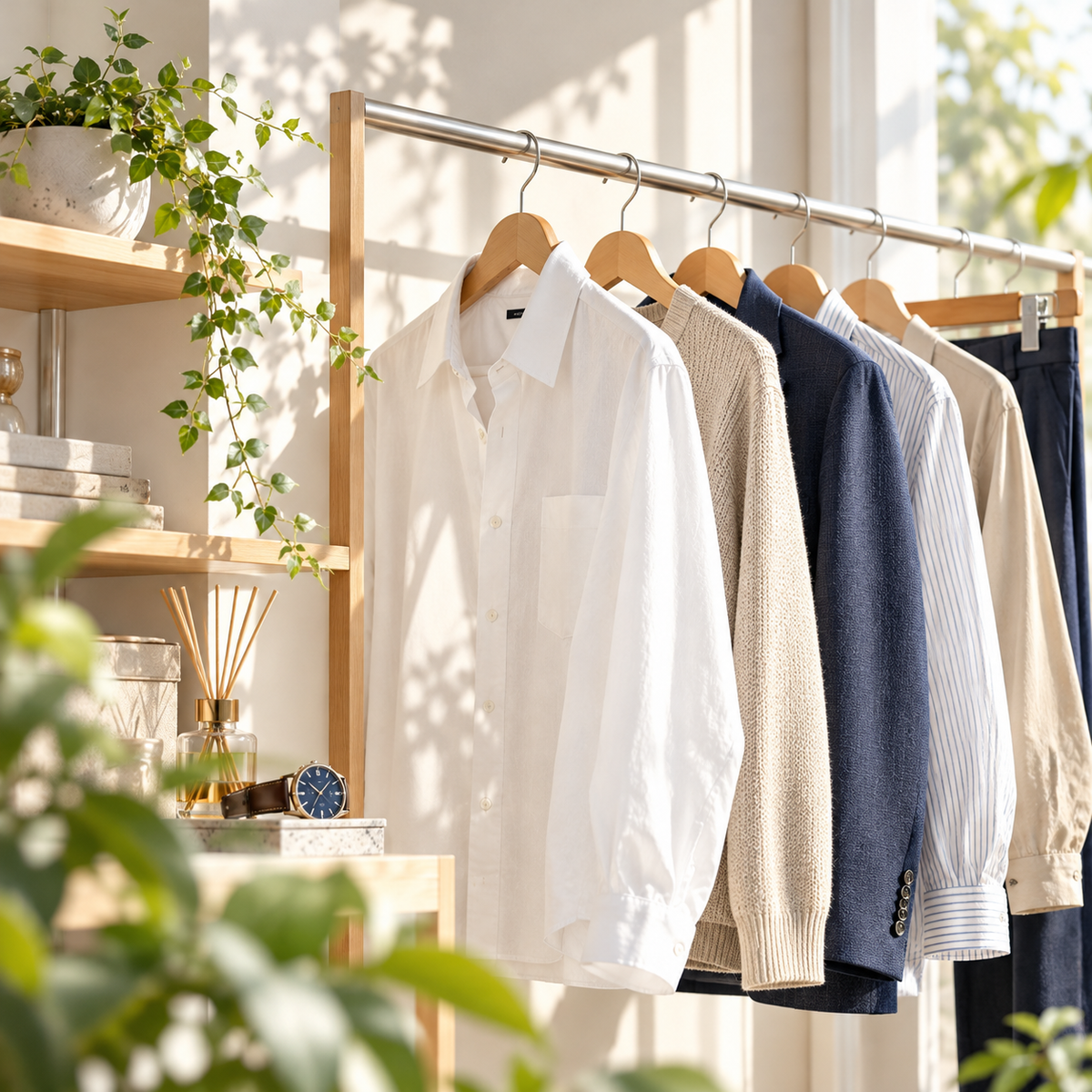 白とネイビーの服を揃えたメンズのワードローブ